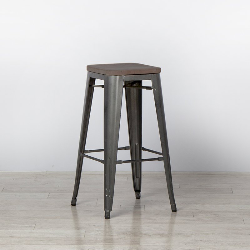 Grey Tolix Style Bar Stool Wooden Seat